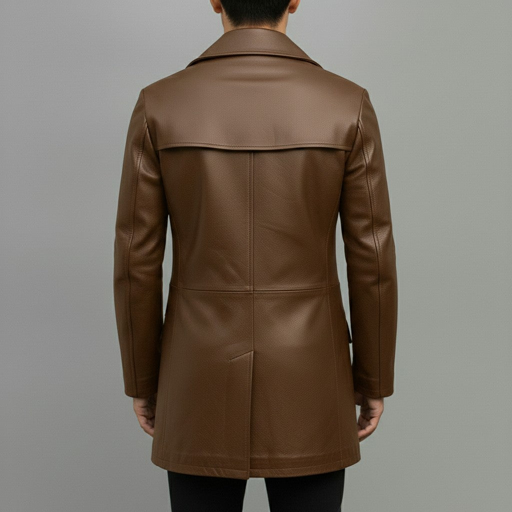Men's Brown Leather Trench Coat