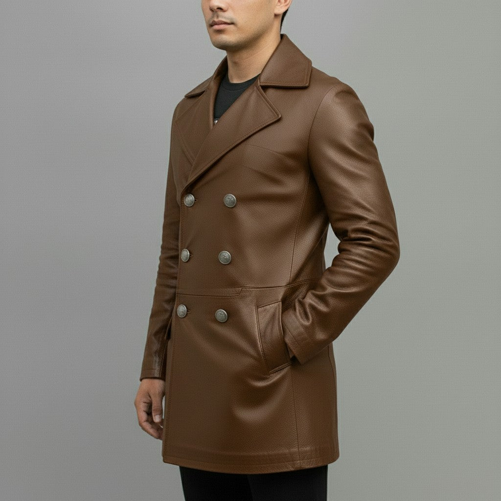 Men's Brown Leather Trench Coat