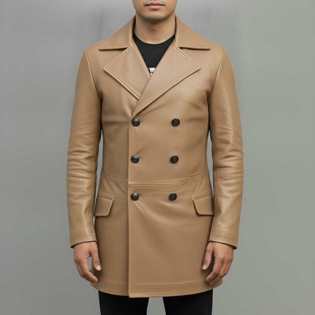 Men's Tan Leather Trench Coat