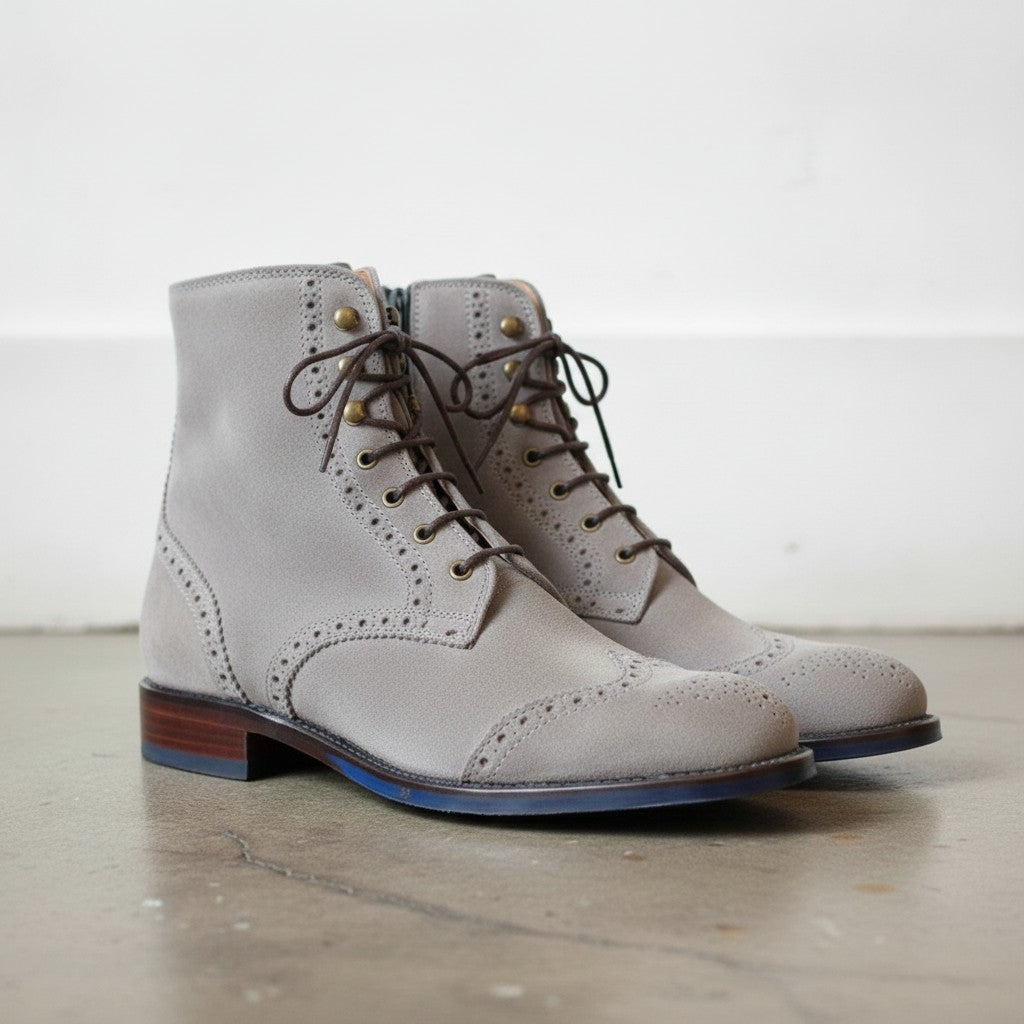 Men's Light Gray Wingtip Suede Ankle Boots