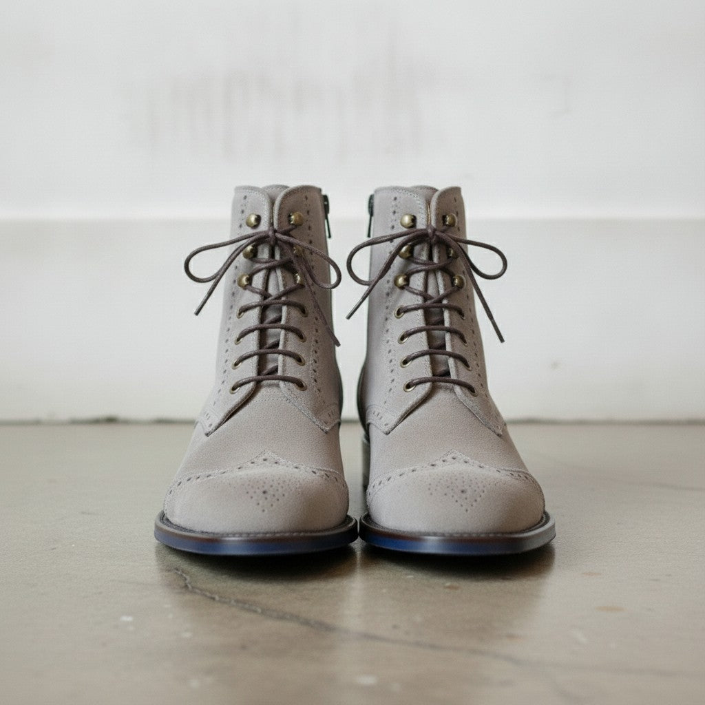 Men's Light Gray Wingtip Suede Ankle Boots