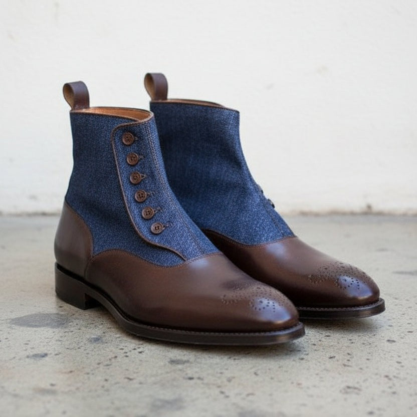 Men's Brown and Blue Leather Button Boots