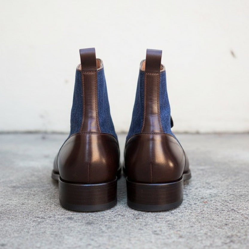 Men's Brown and Blue Leather Button Boots