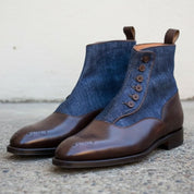 Men's Brown and Blue Leather Button Boots