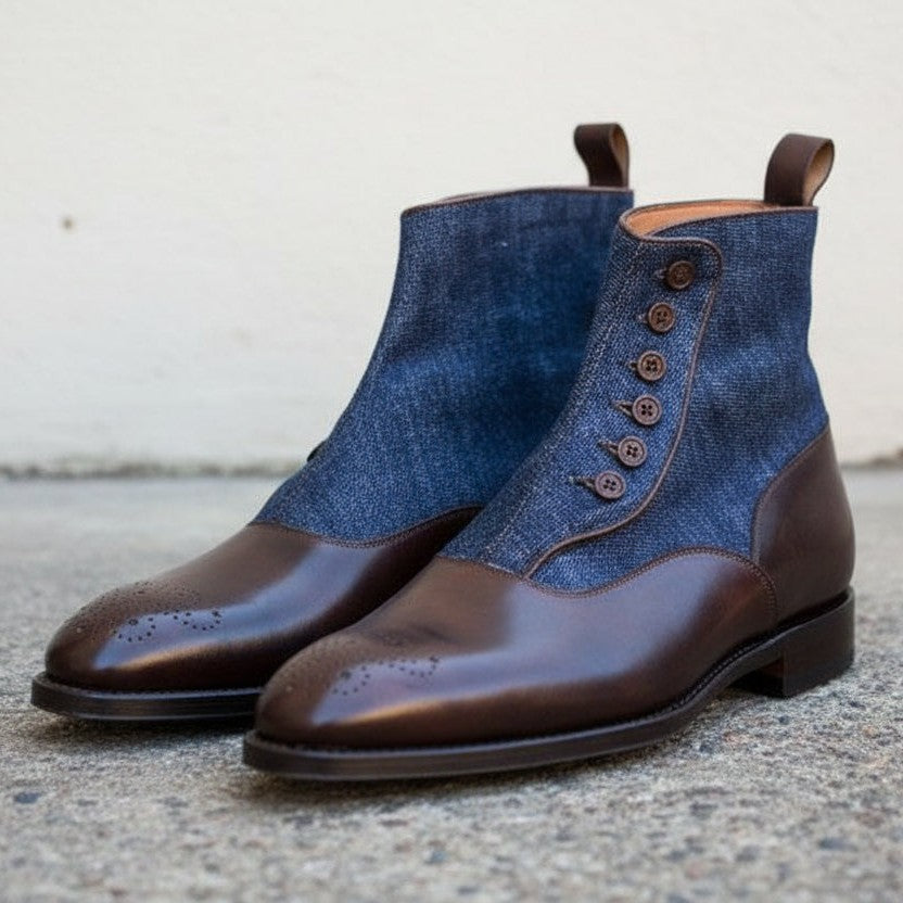 Men's Brown and Blue Leather Button Boots