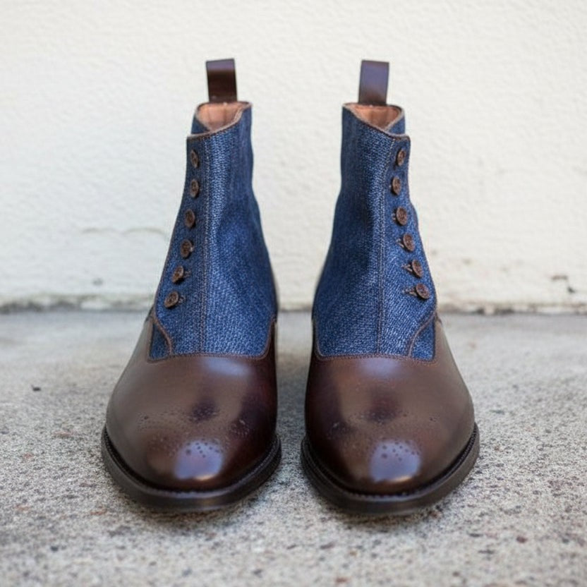 Men's Brown and Blue Leather Button Boots