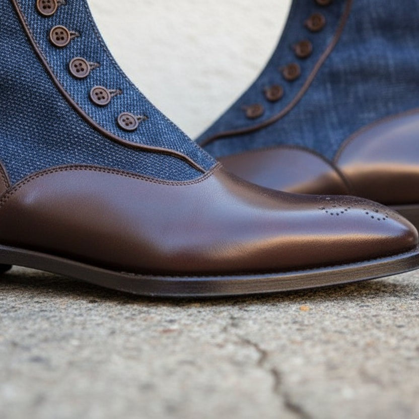 Men's Brown and Blue Leather Button Boots