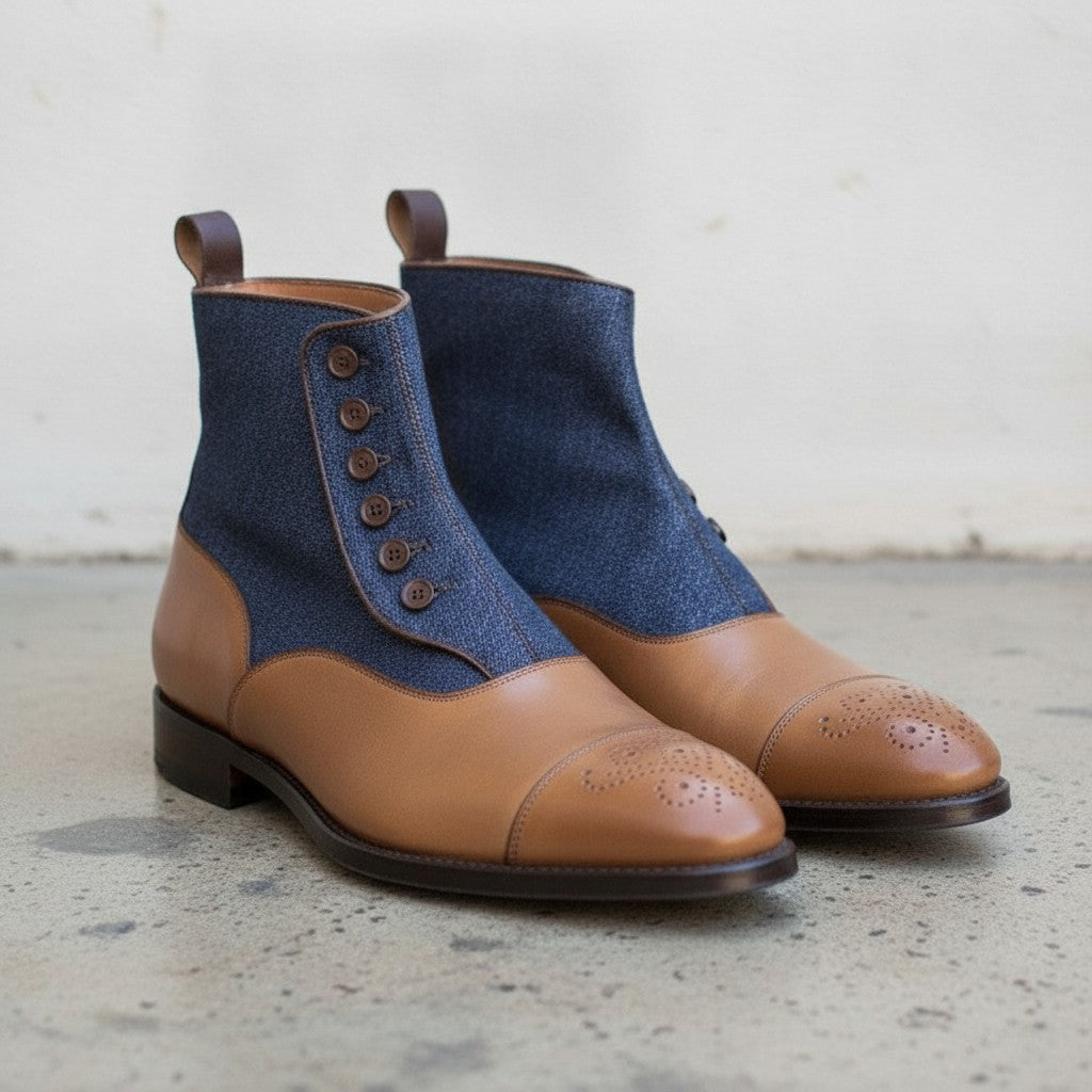 Men's Tan and Blue Leather Button Boots