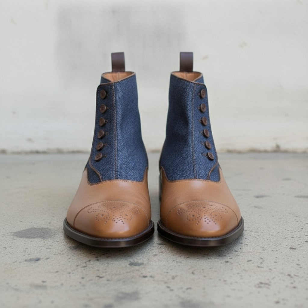 Men's Tan and Blue Leather Button Boots