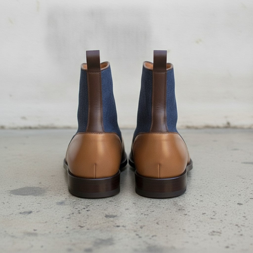 Men's Tan and Blue Leather Button Boots