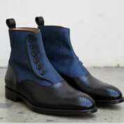 Men's Black and Blue Leather Button Boots
