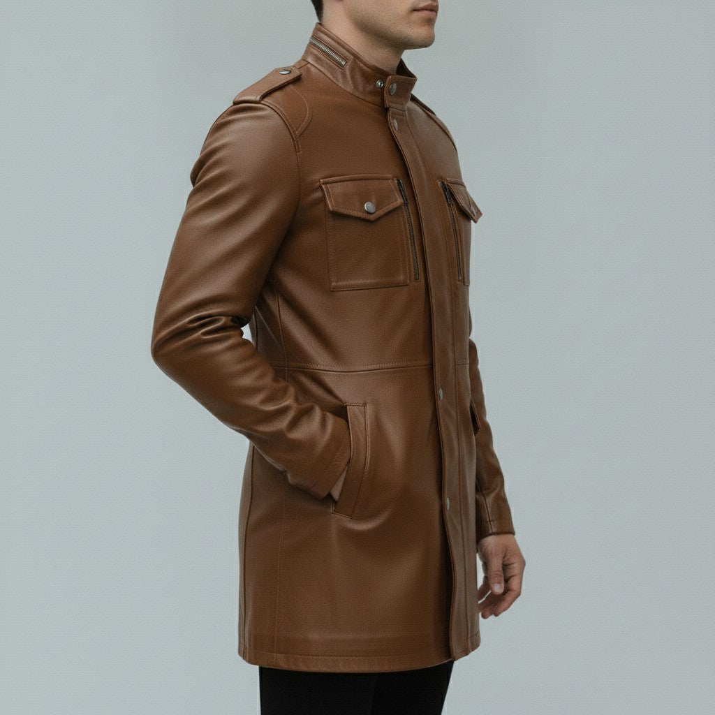 Men's Brown Leather Long Jacket