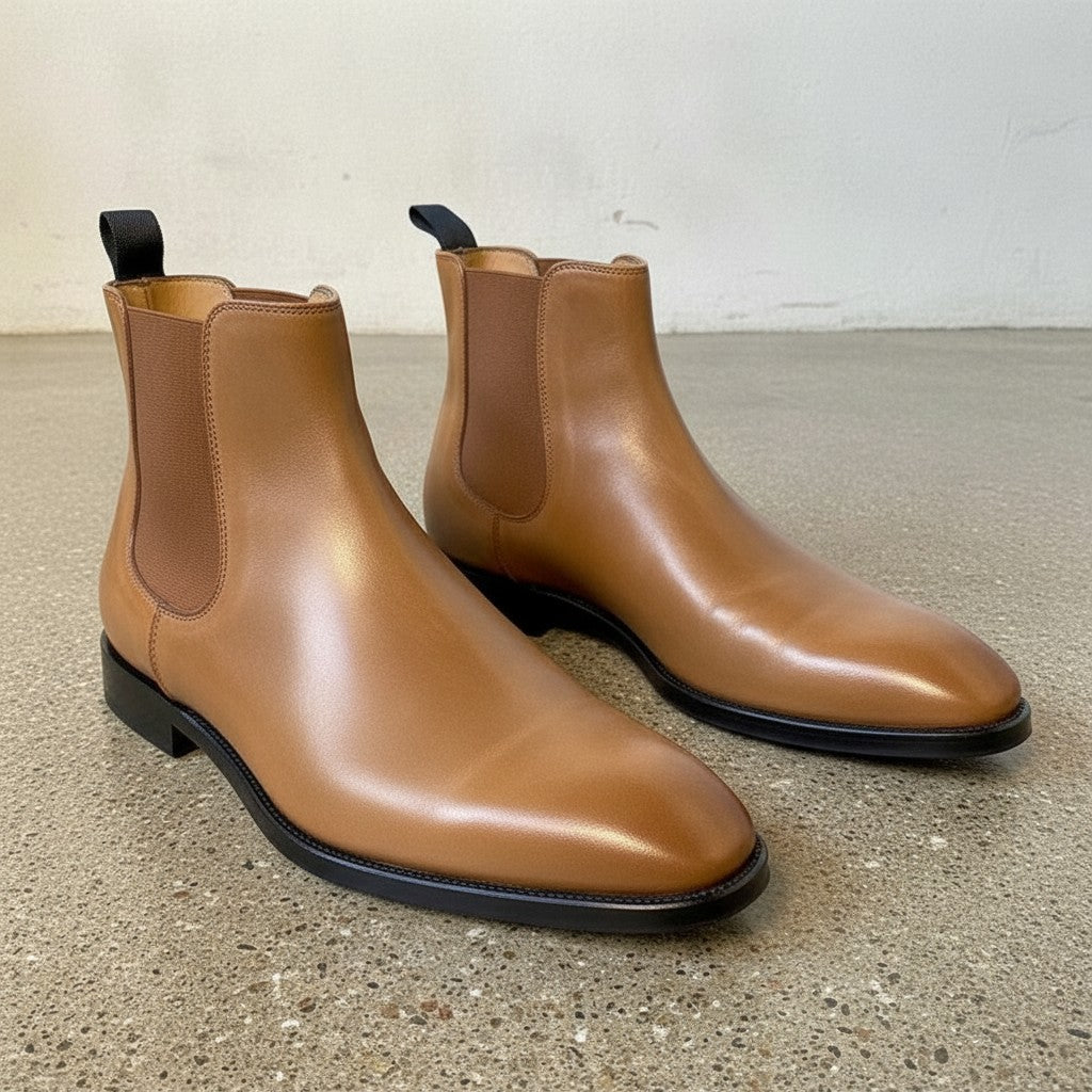 Men's Tan Plain-Toe Leather Chelsea Boots