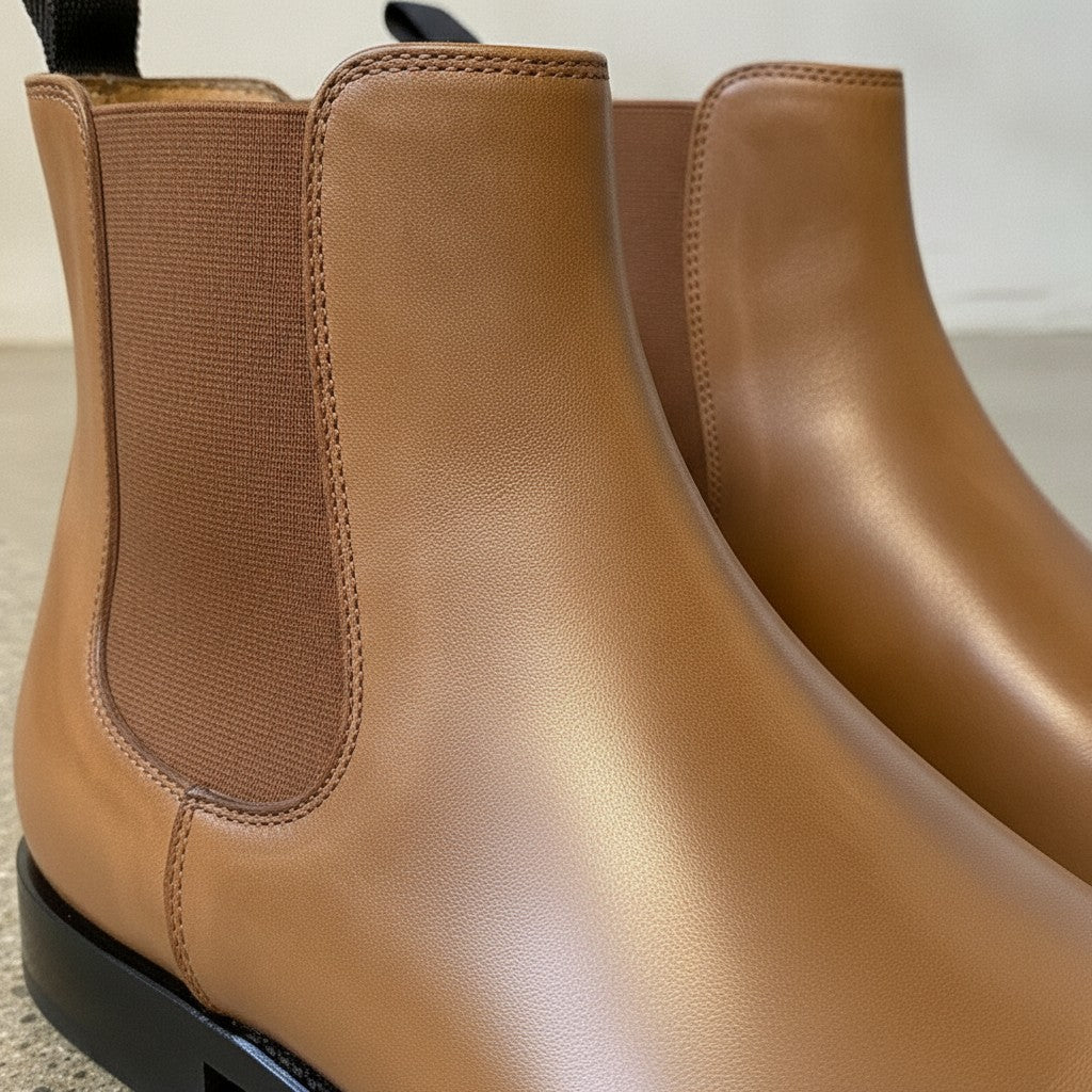 Men's Tan Plain-Toe Leather Chelsea Boots