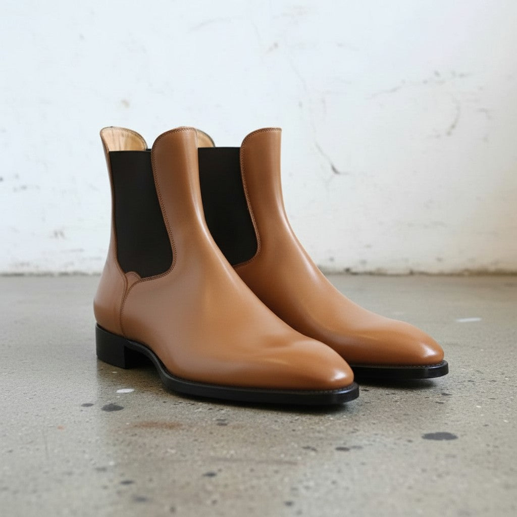 Men's Tan Plain-Toe Leather Chelsea Boots