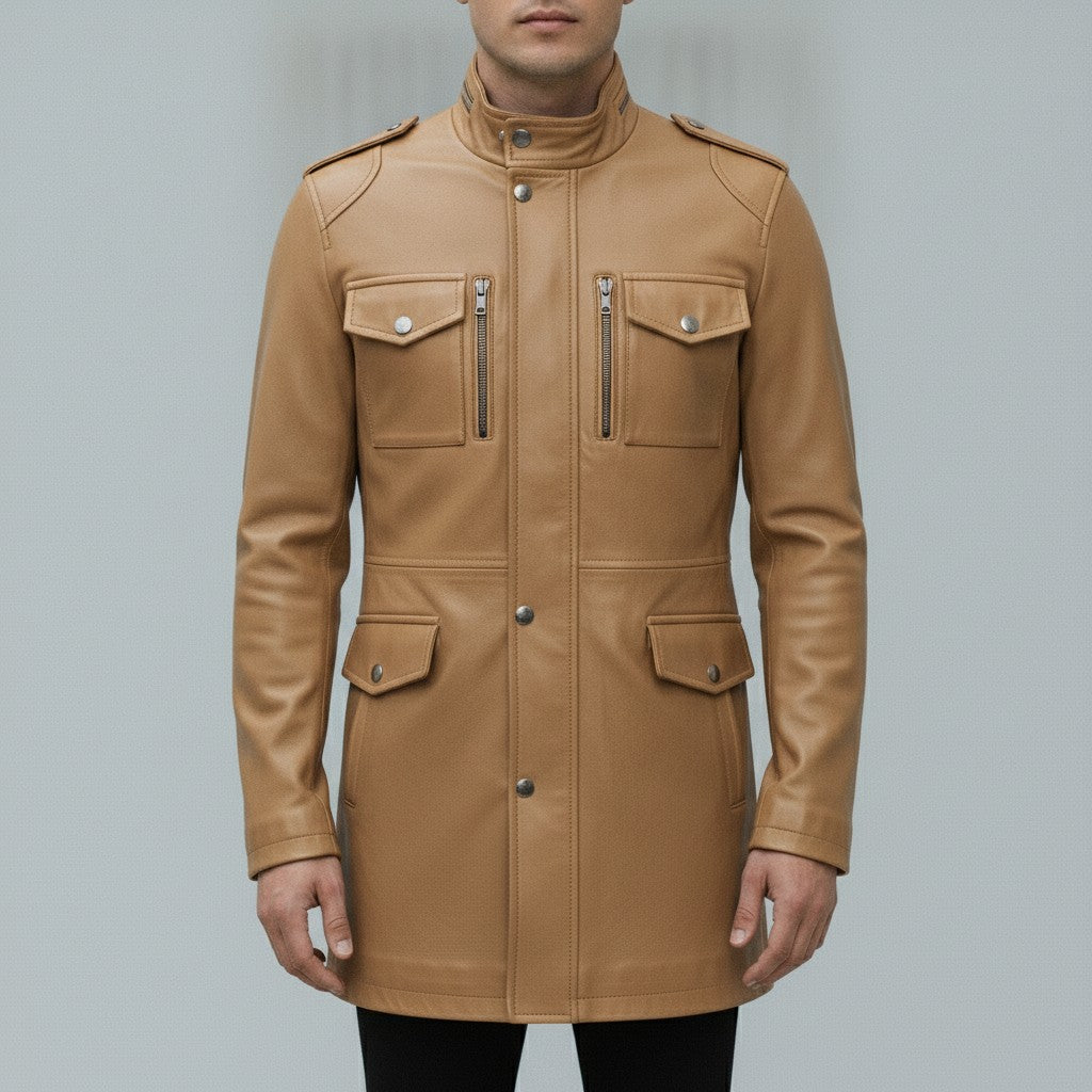 Men's Tan Leather Long Jacket