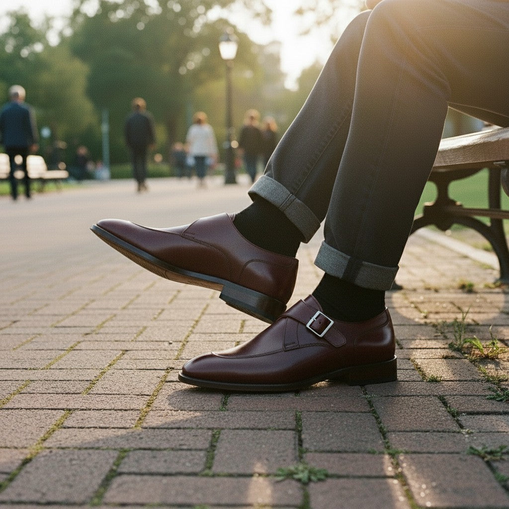 Men's Burgundy Apron-Toe Leather Monk Strap Shoes