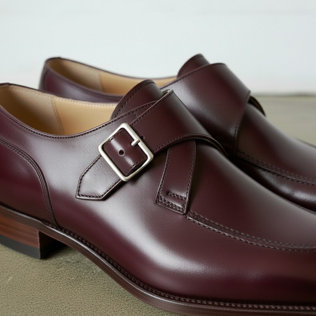 Men's Burgundy Apron-Toe Leather Monk Strap Shoes