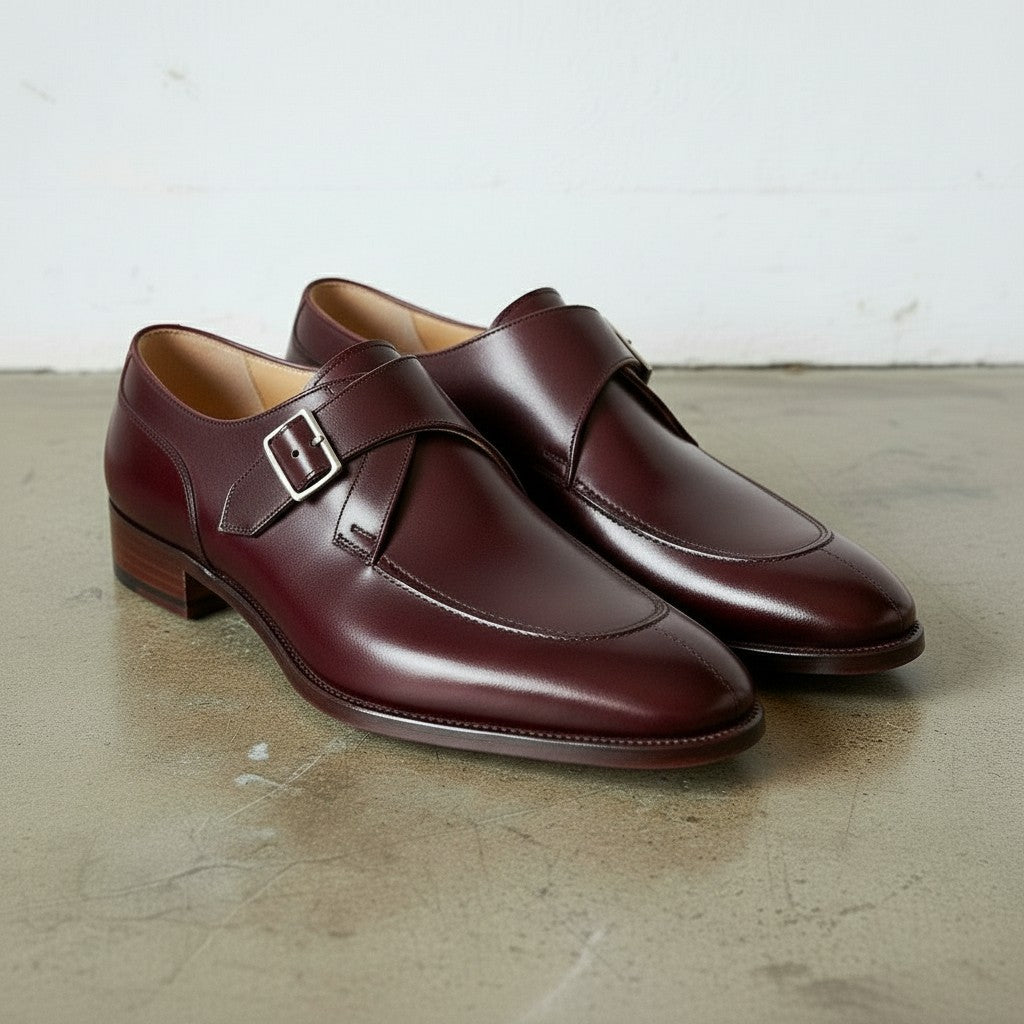 Handmade Men's Burgundy Leather Monk Shoes - Men's Dress Shoes