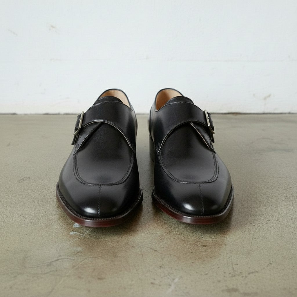 Men's Black Apron-Toe Leather Monk Strap Shoes