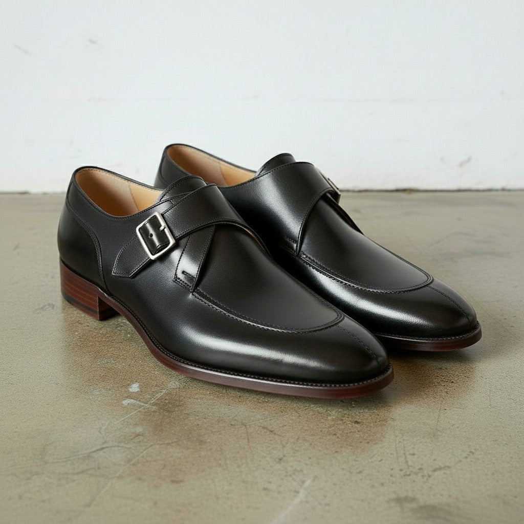 Men's Black Apron-Toe Leather Monk Strap Shoes