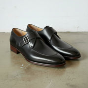 Men's Black Apron-Toe Leather Monk Strap Shoes