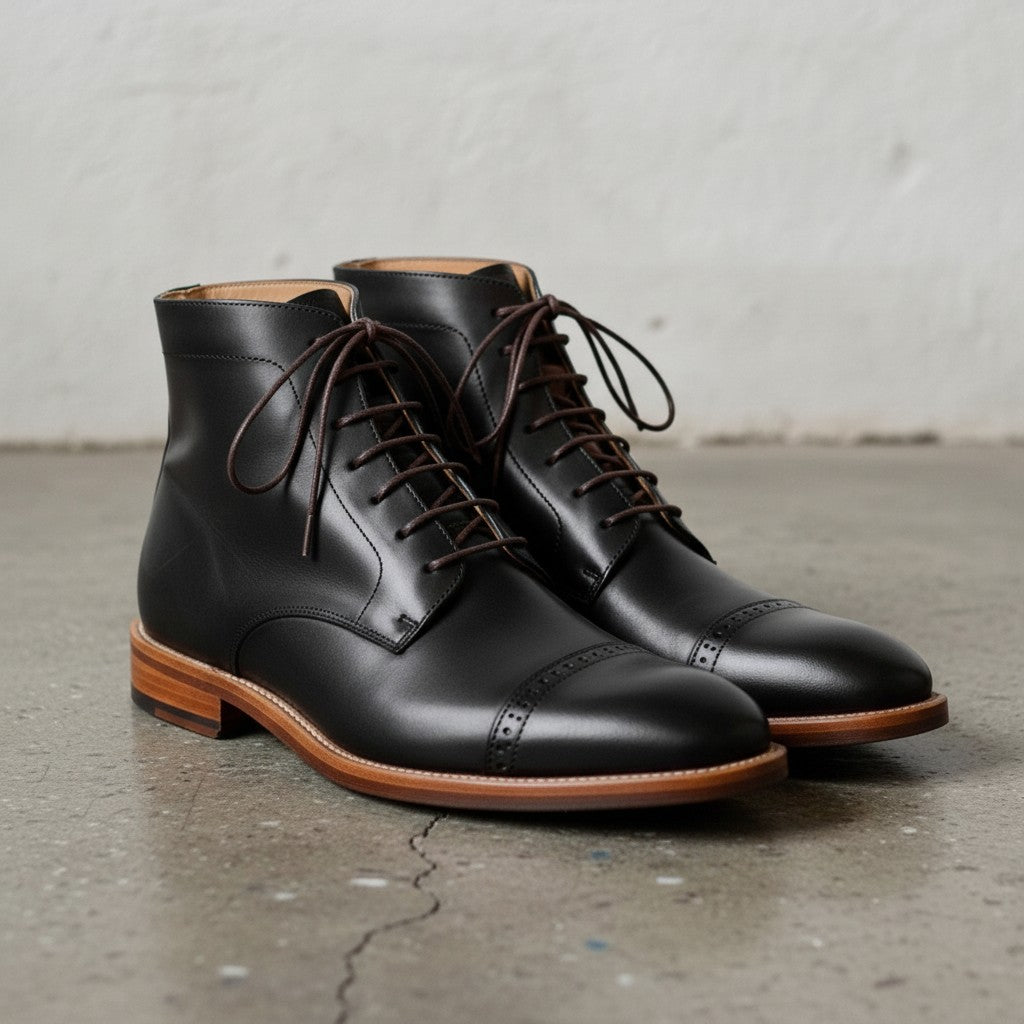 Men's Black Cap-Toe Leather Oxford Boots