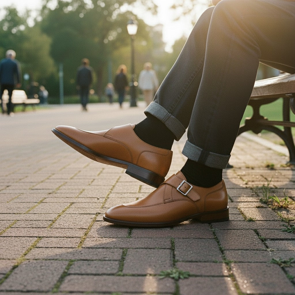 Men's Tan Apron-Toe Leather Monk Strap Shoes