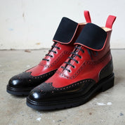 Men's Black and Red Wingtip Leather Ankle Boots