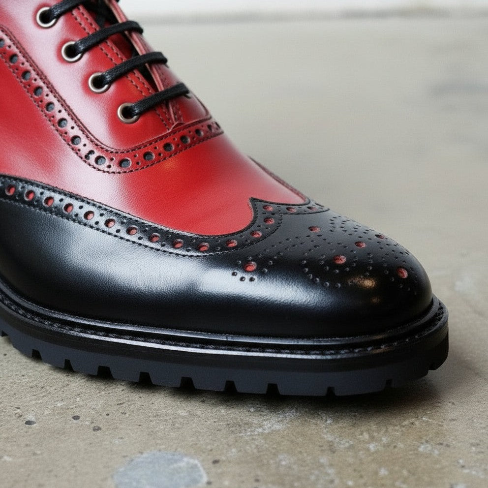 Men's Black and Red Wingtip Leather Ankle Boots