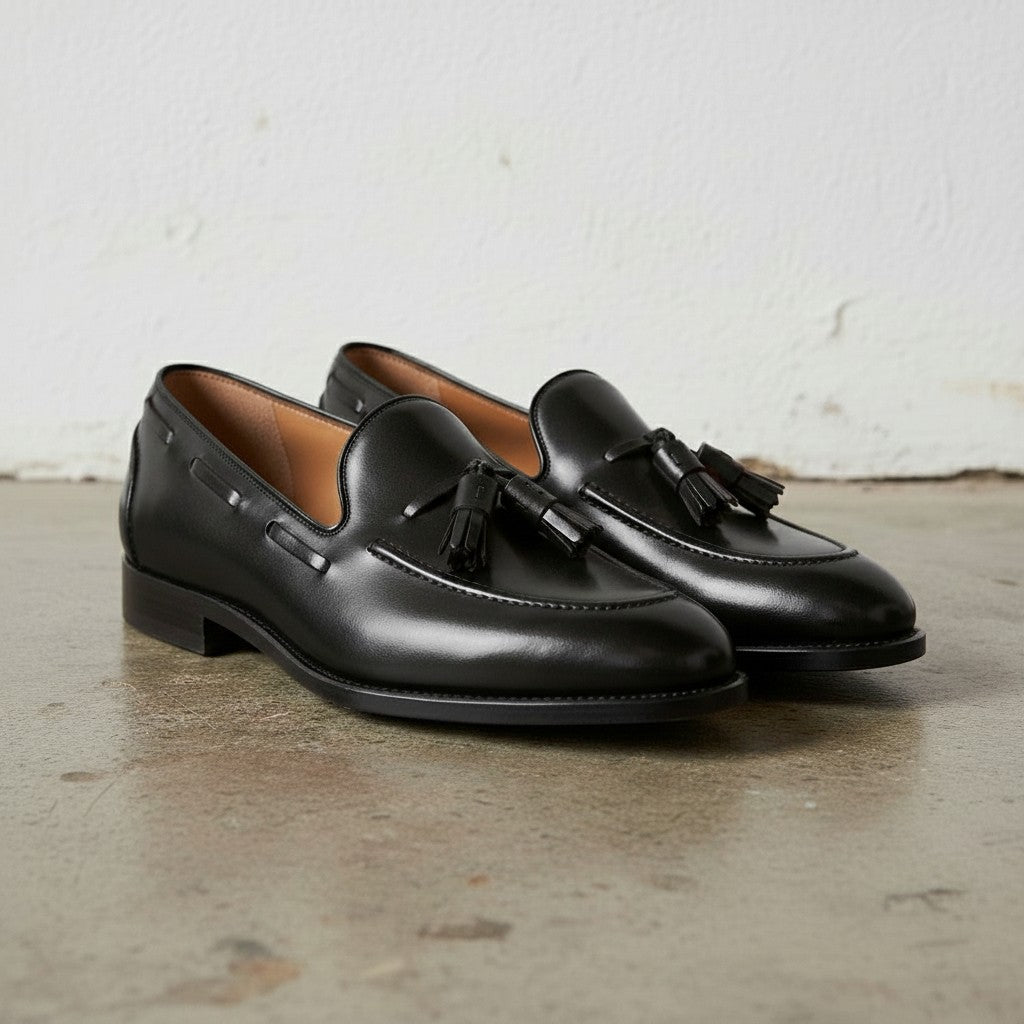 Men's Black Apron-Toe Leather Tassel Loafers