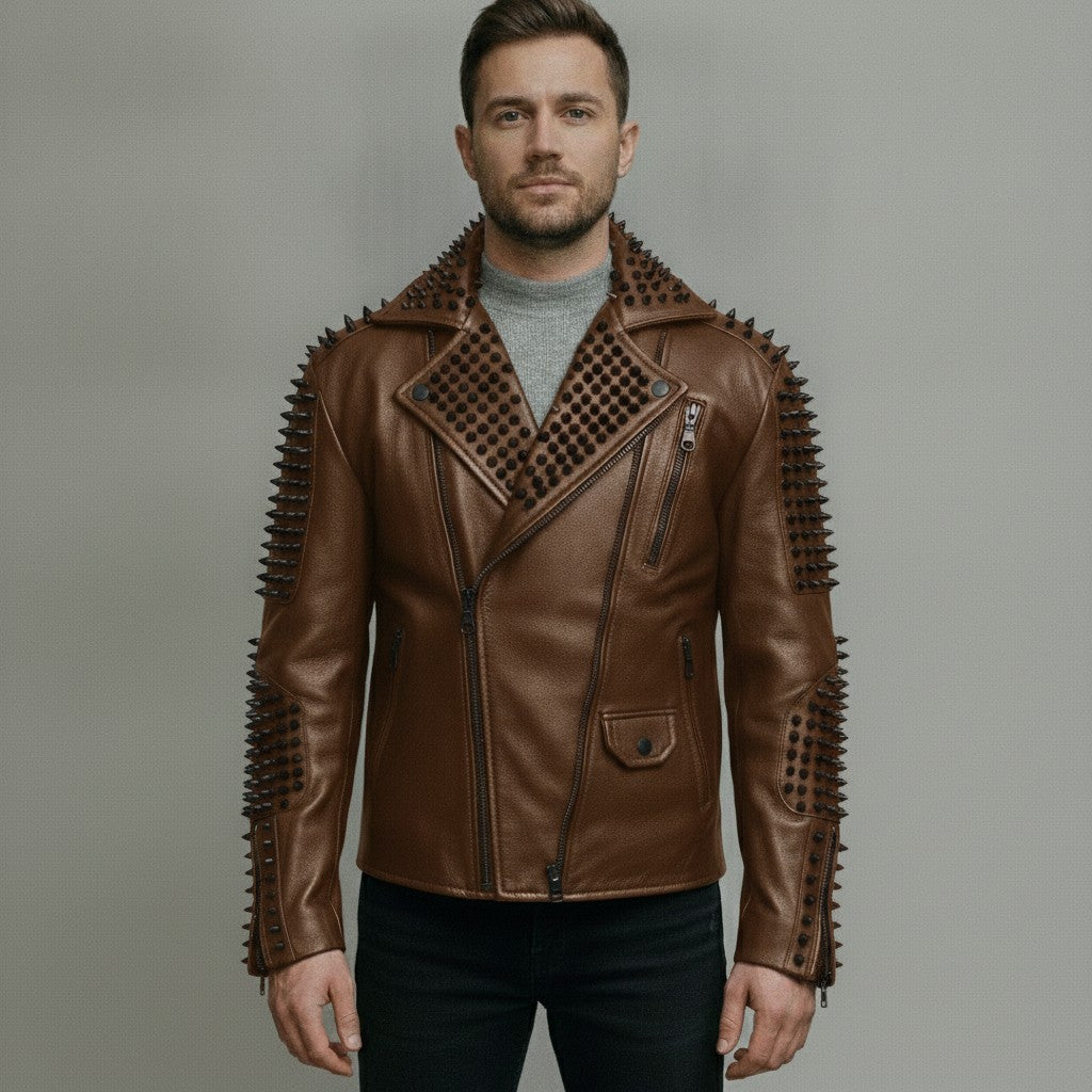Men's Brown Studded Leather Biker Jacket