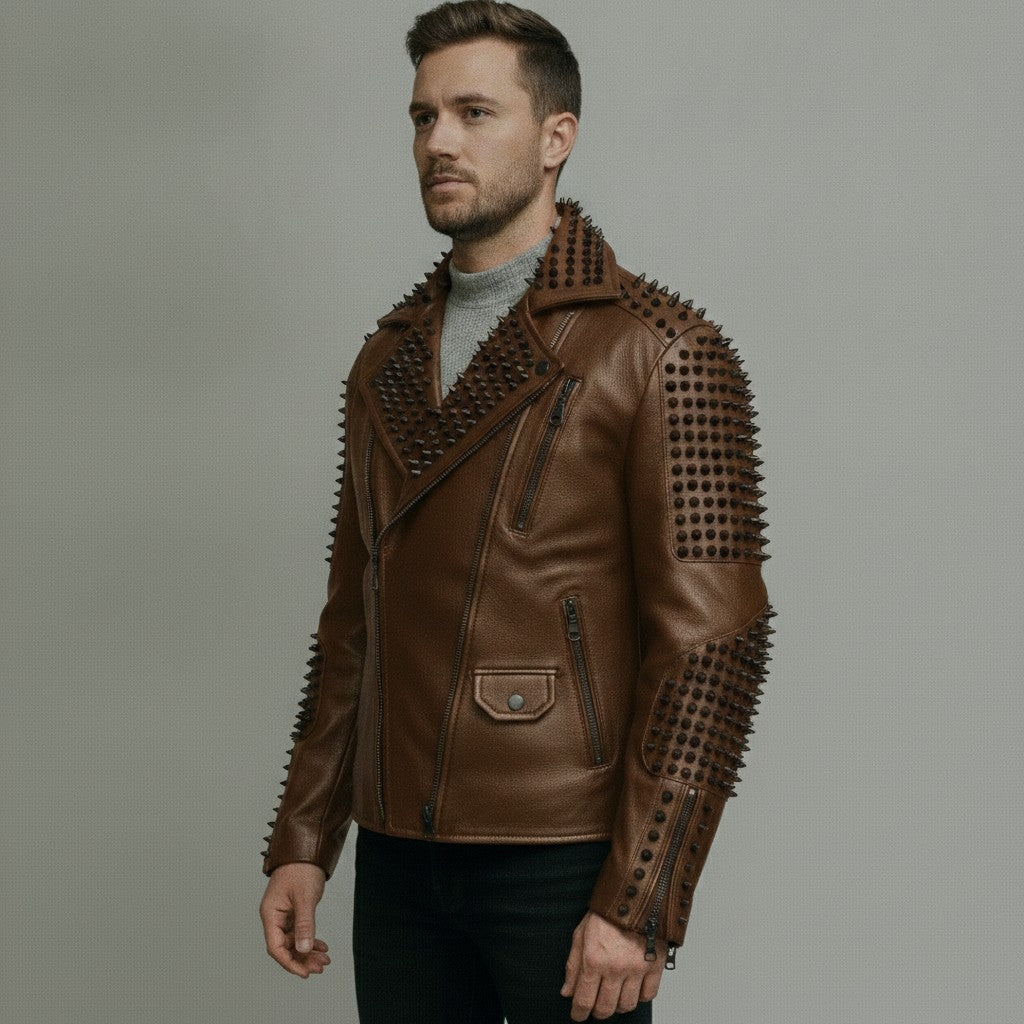 Men's Brown Studded Leather Biker Jacket