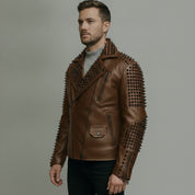 Men's Brown Studded Leather Biker Jacket