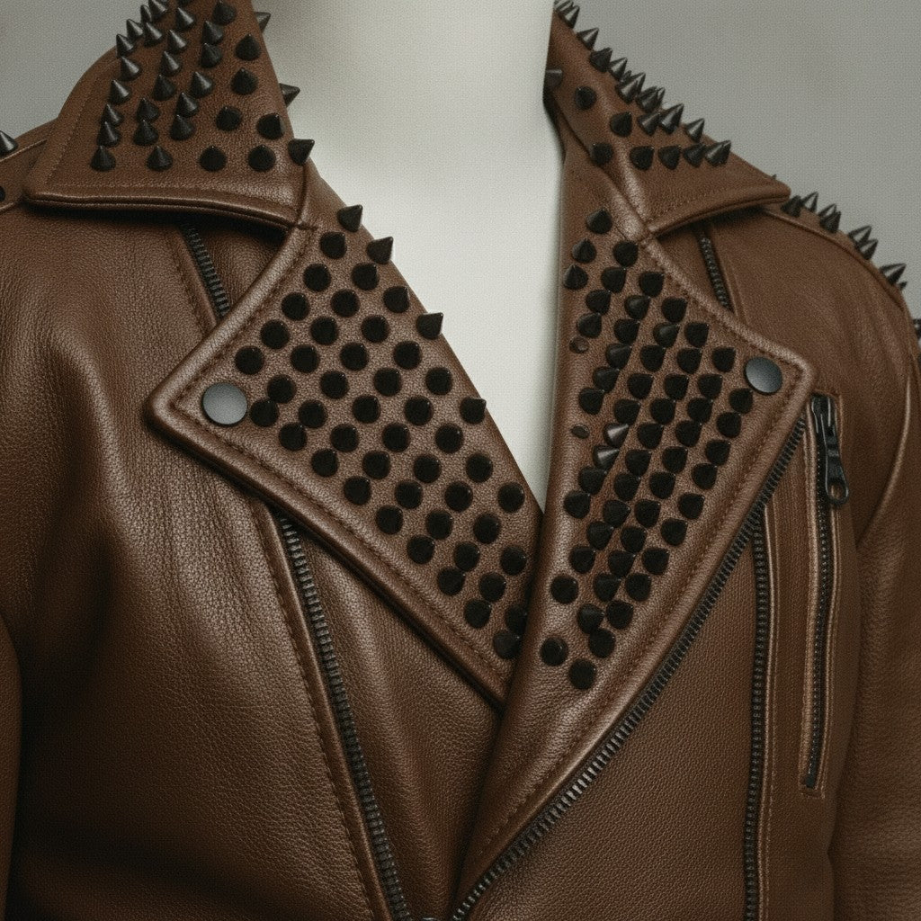 Men's Brown Studded Leather Biker Jacket