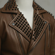 Men's Brown Studded Leather Biker Jacket