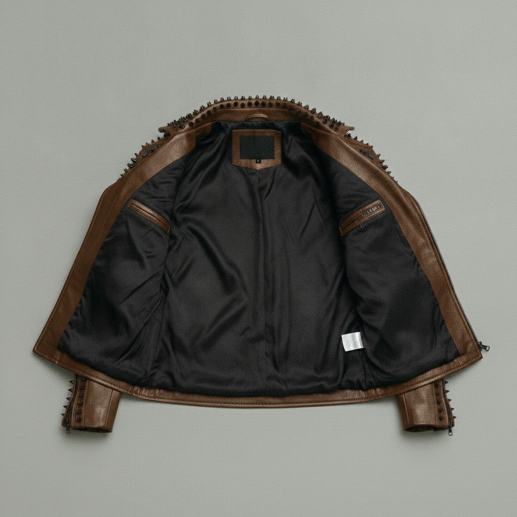 Men's Brown Studded Leather Biker Jacket