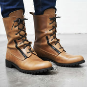 Men's Tan Plain-Toe Leather Combat Boots