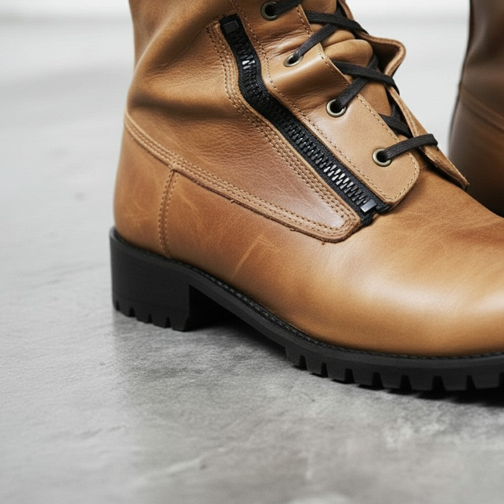 Men's Tan Plain-Toe Leather Combat Boots
