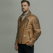 Men's Tan Studded Leather Biker Jacket