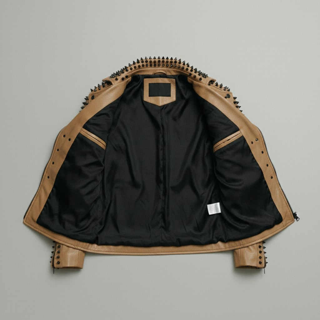 Men's Tan Studded Leather Biker Jacket