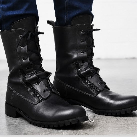 Men's Black Plain-Toe Leather Combat Boots