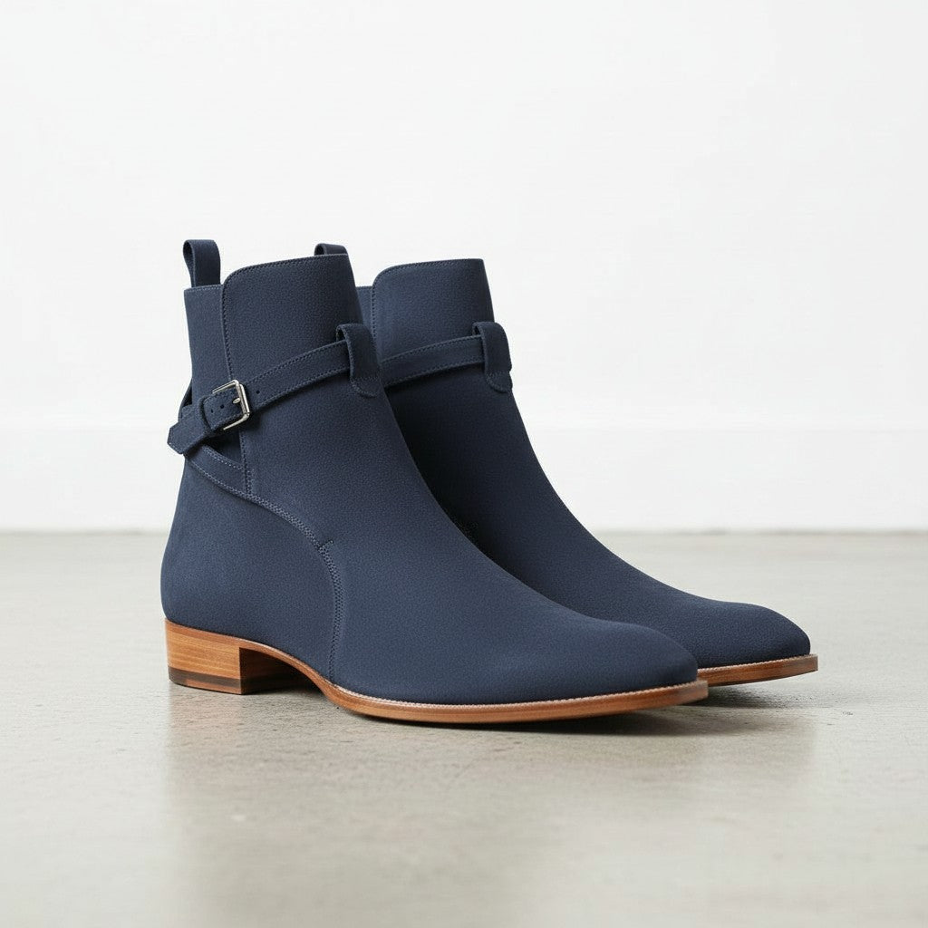 Men's Navy Blue Suede Buckle Ankle Boots