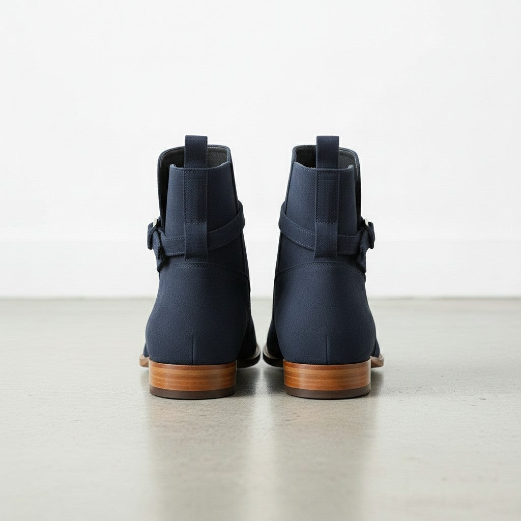 Men's Navy Blue Suede Buckle Ankle Boots