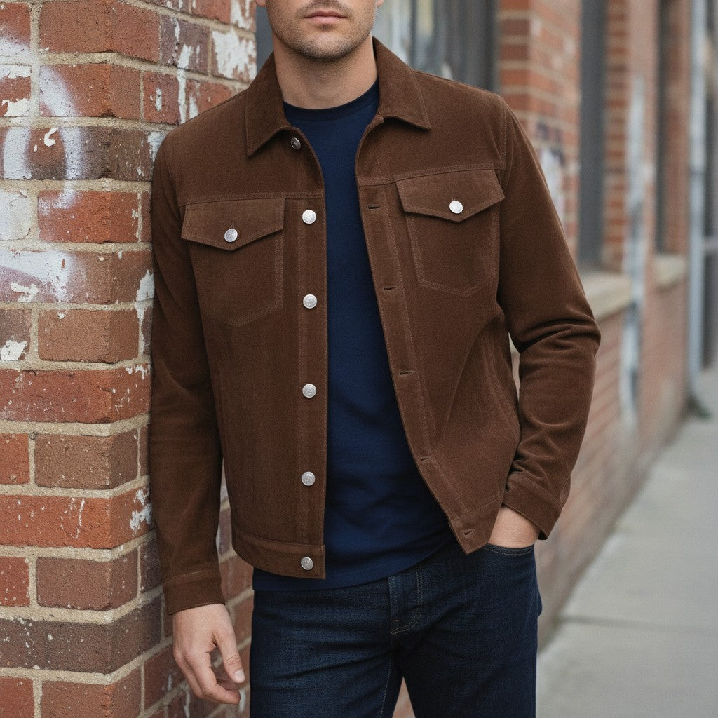 Men's Brown Suede Trucker Jacket