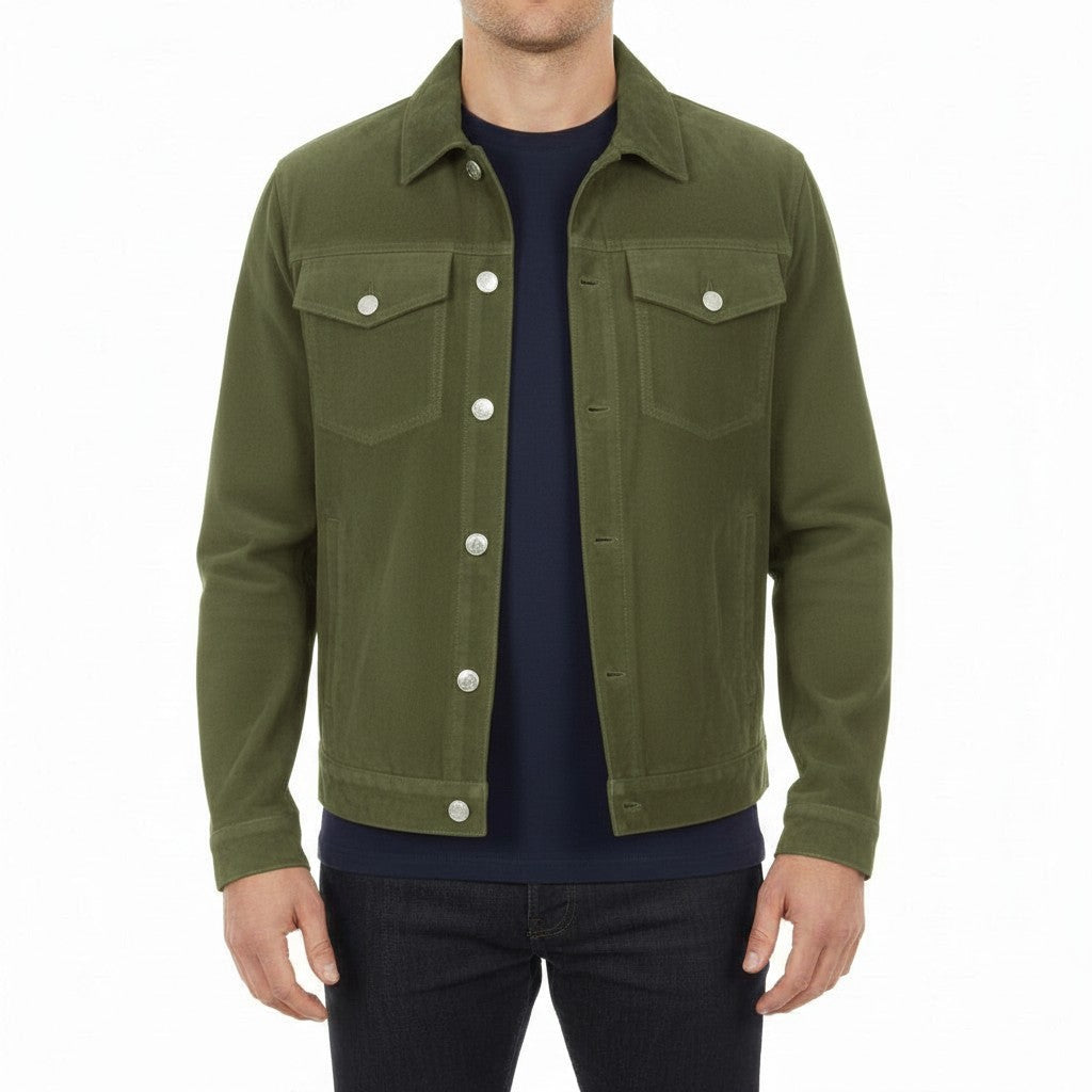 Men's Olive Green Suede Trucker Jacket
