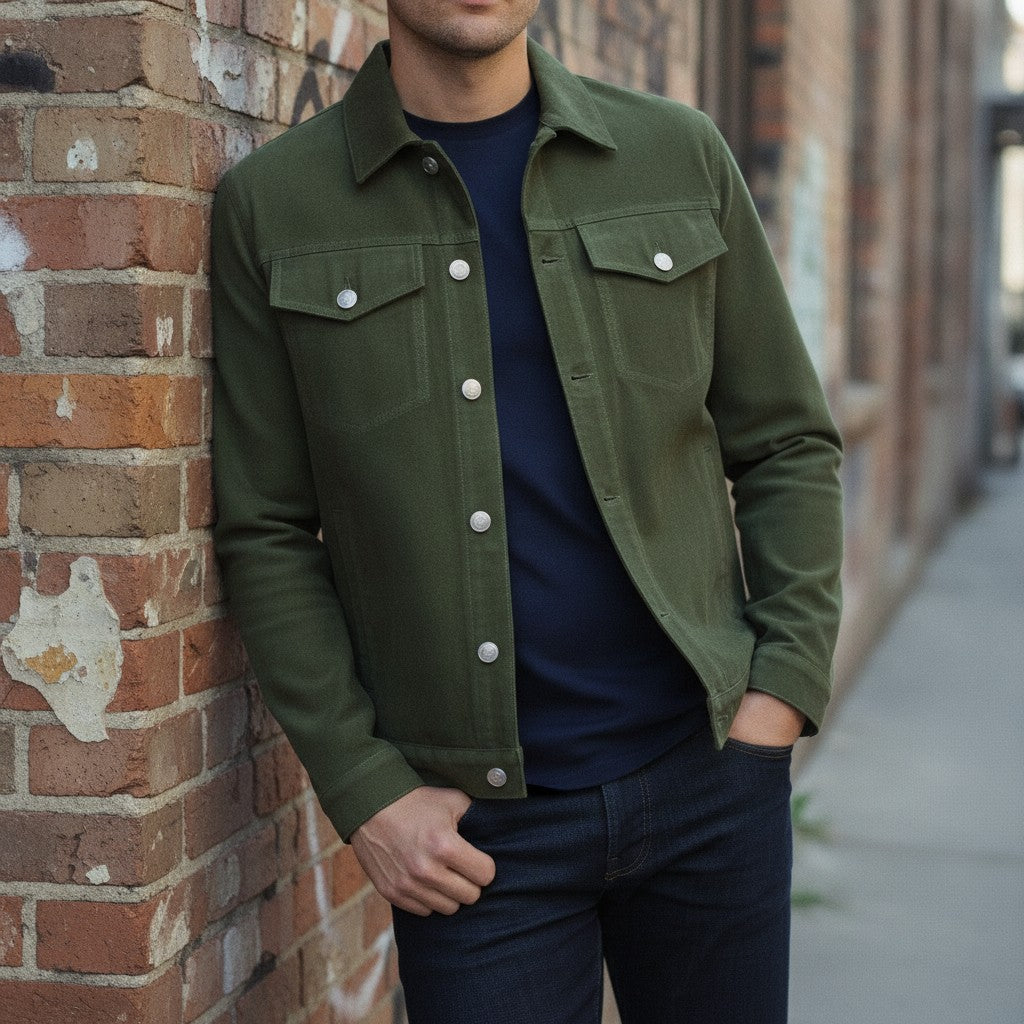 Men's Olive Green Suede Trucker Jacket