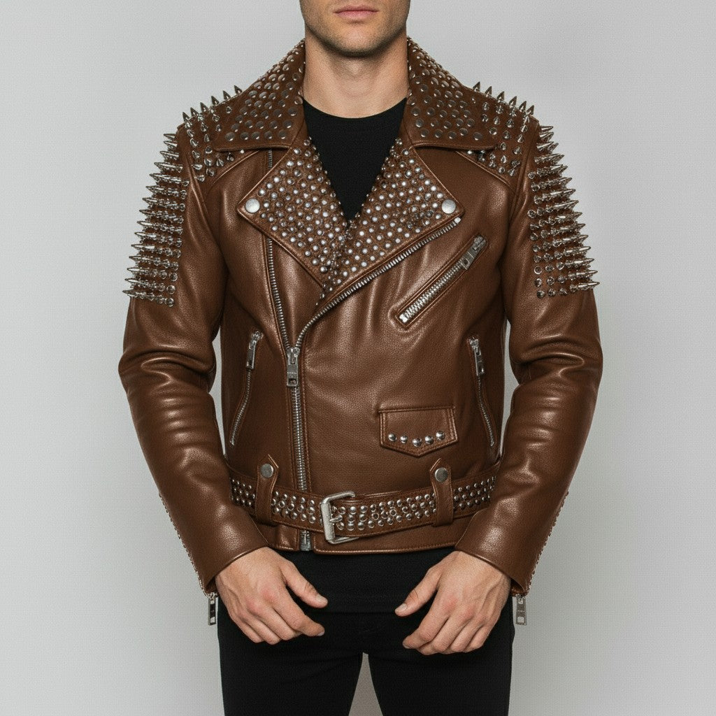 Men's Brown Studded Leather Biker Jacket