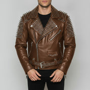Men's Brown Studded Leather Biker Jacket