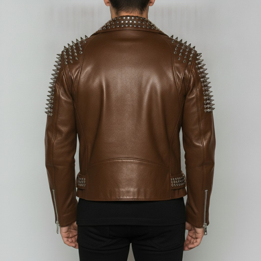 Men's Brown Studded Leather Biker Jacket